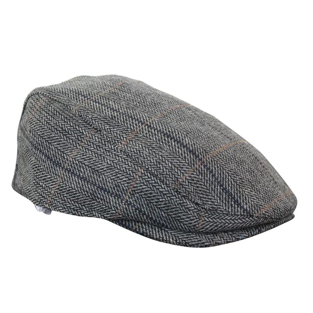 Mens Herringbone Tweed Wool Check Grandad Flat Caps Hats Vintage Green Grey Blue Brown