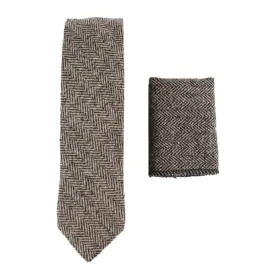 Mens Herringbone Tweed Wool Tie & Hankerchief 2" Smart Formal