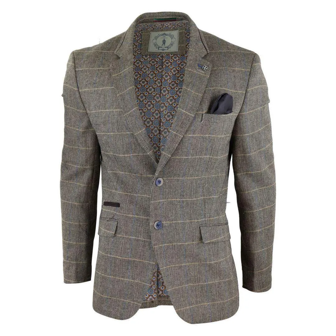 Mens Oak Brown Vintage Check Herringbone Tweed Blazer Jacket or Waistcoat Retro