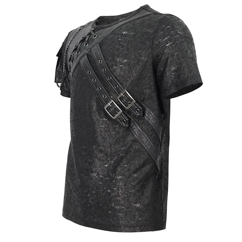 Men's Punk Buckle Splice Faux Leather T-shirt