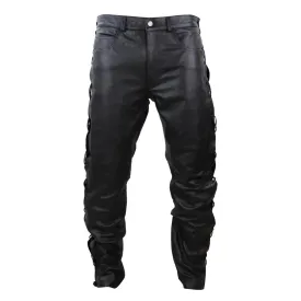 Mens Real Leather Biker Jeans Laced Tassel Western Cowboy Riding Pants Trousers