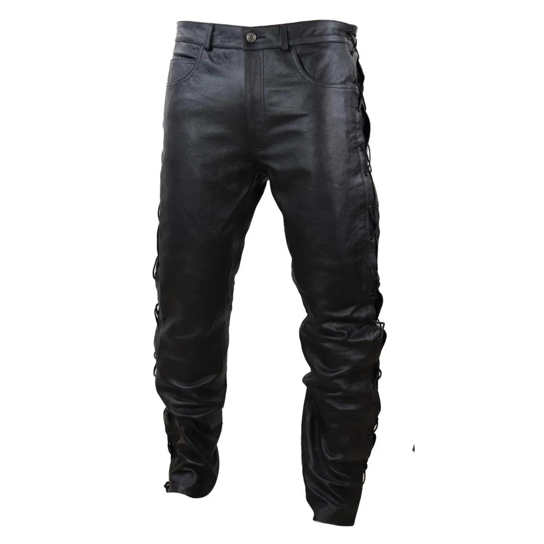 Mens Real Leather Biker Jeans Laced Tassel Western Cowboy Riding Pants Trousers