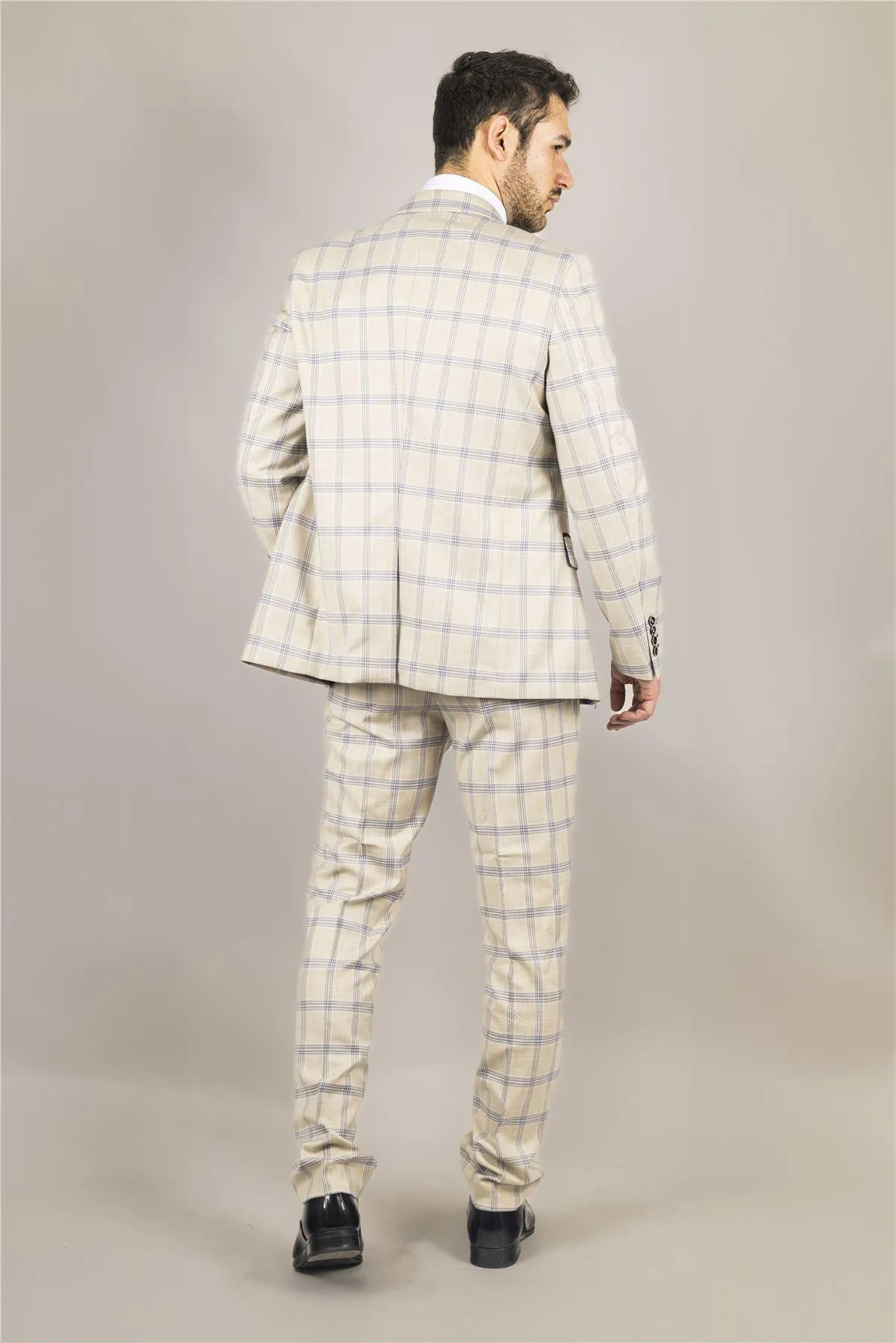 Men's Suit 3 Piece Beige Checked Classic Plaid Tailored Fit Formal Dress