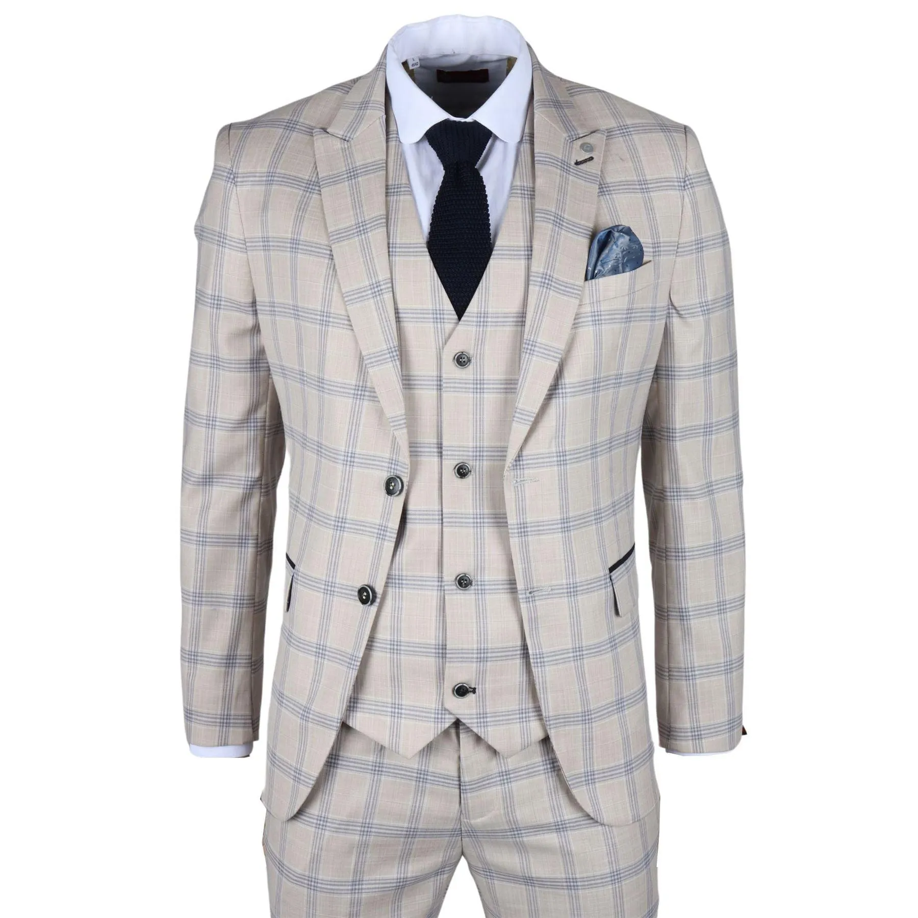 Men's Suit 3 Piece Beige Checked Classic Plaid Tailored Fit Formal Dress