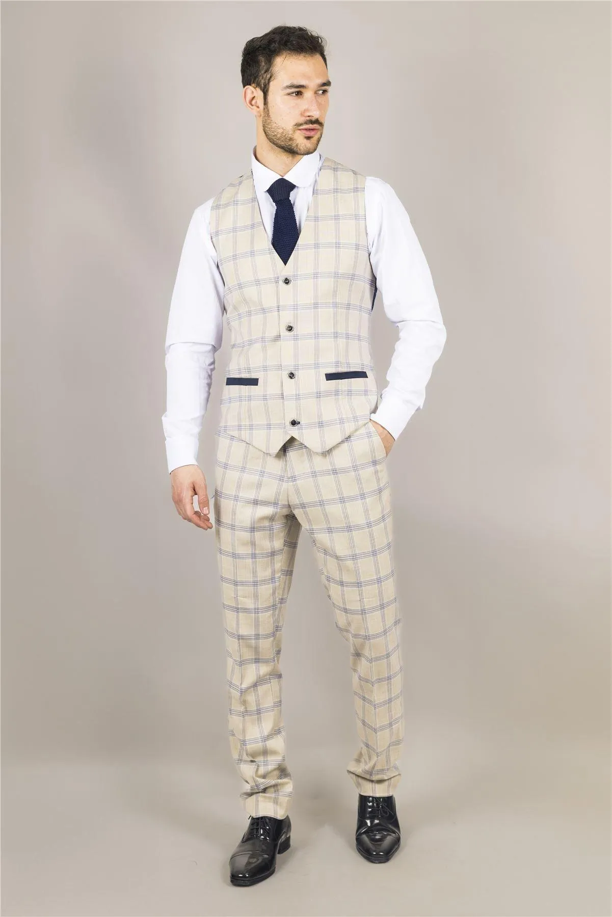 Men's Suit 3 Piece Beige Checked Classic Plaid Tailored Fit Formal Dress