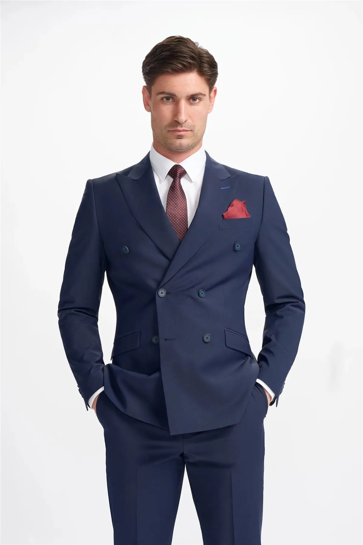 Men's Suit Navy Blue 2 Piece Double Breasted Tailored Fit Formal Wedding Dress