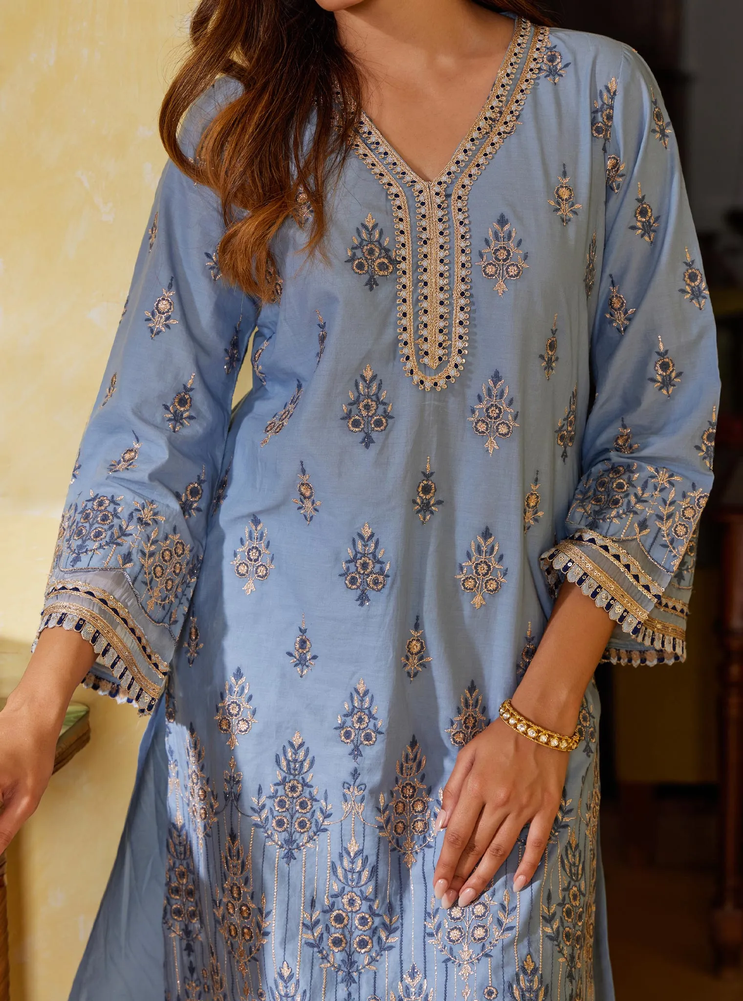 Mulmul Cotton Amaltas Dark Blue Kurta with Mulmul Cotton Amaltas Dark Blue Pant