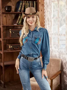 MW-S1005  Montana West Embroidered Floral Headdress Long Sleeve Chambray Shirt By Sizes