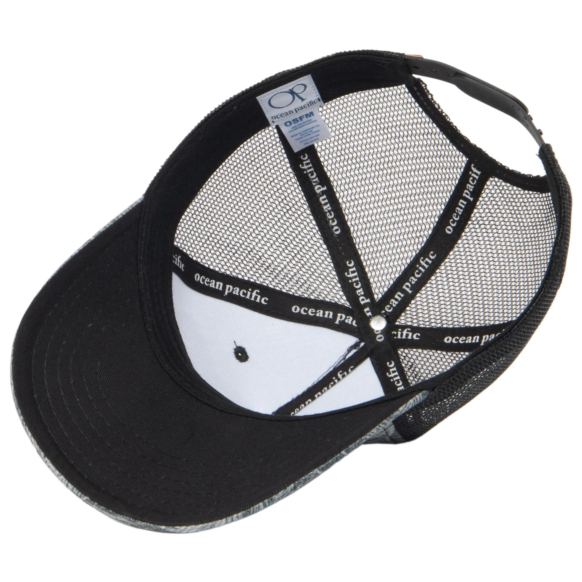 Ocean Pacific - 5 Panel Trucker Hat with Black and Grey Palm Tree Print