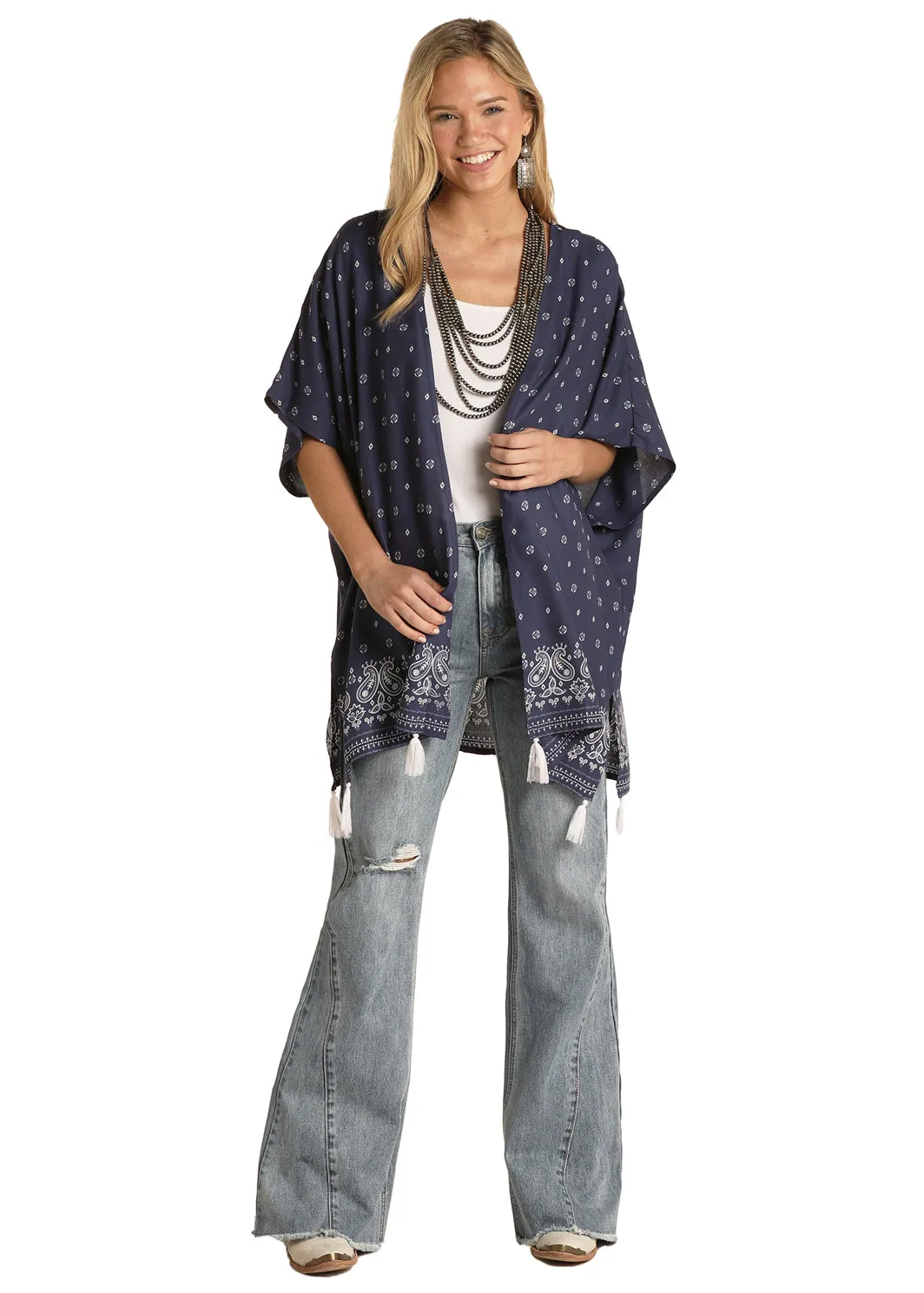 Panhandle Slim® Women's Navy Bandana Border Print Tasseled Kimono