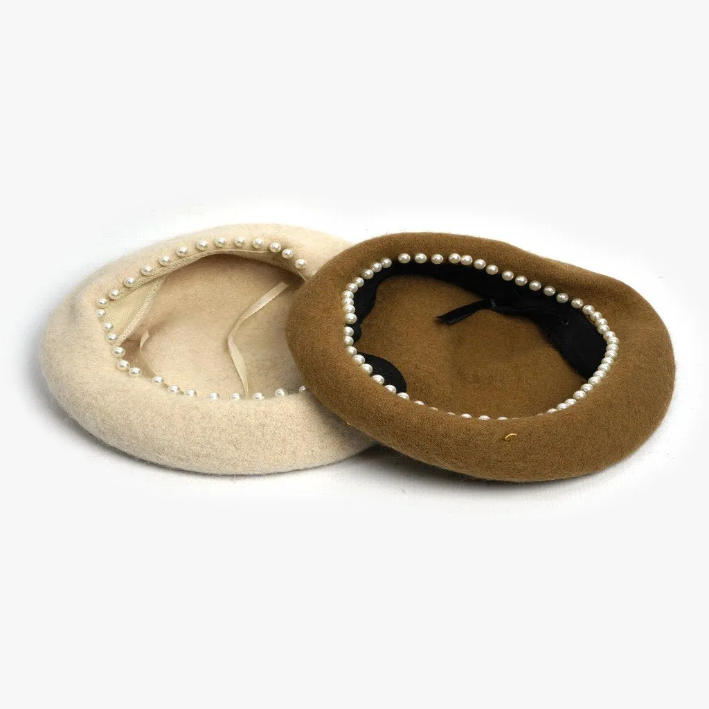 Patricia Pearl Trim Wool Beret - Camel