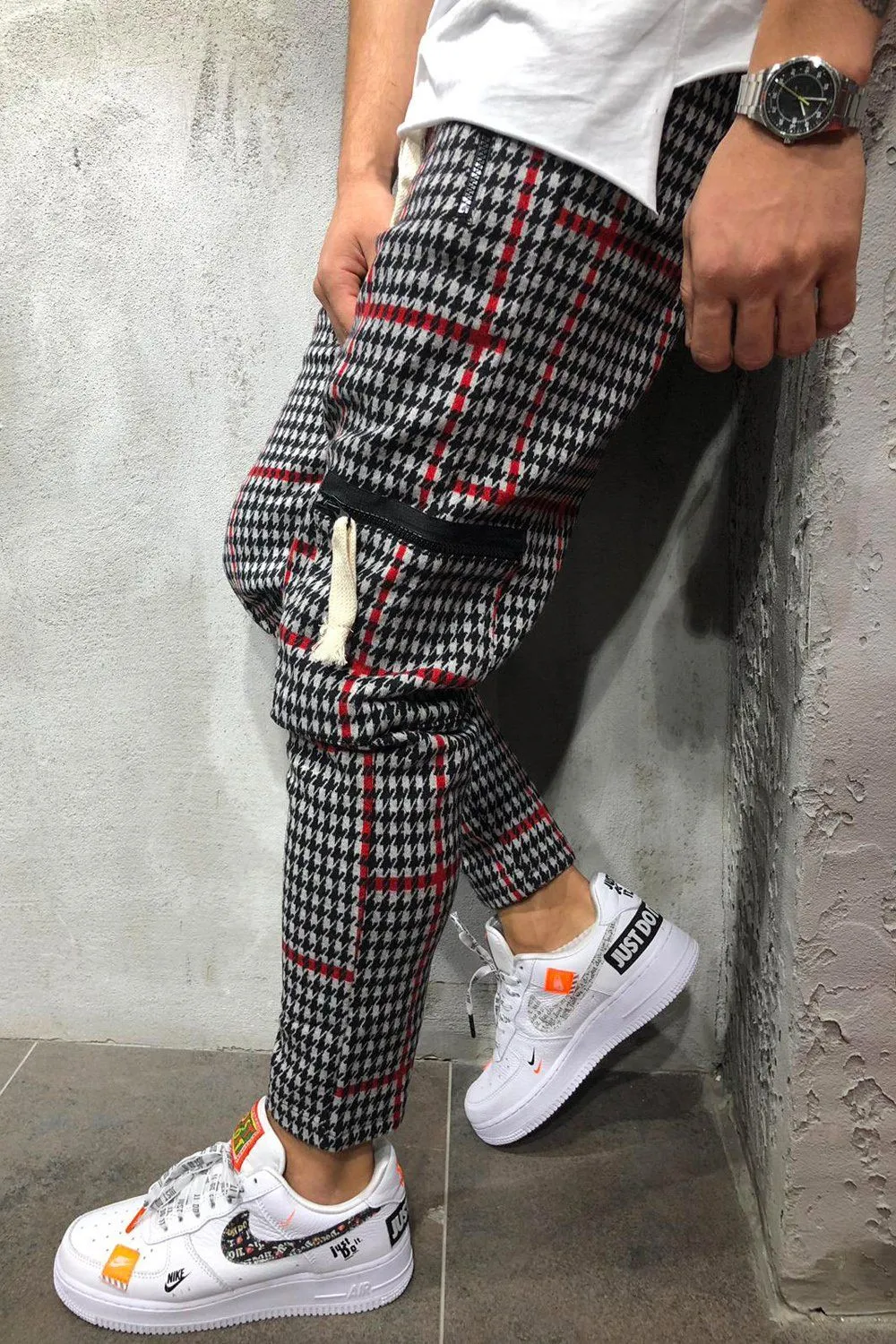 Plaid Jogger Hose Schwarz-Rot 8027