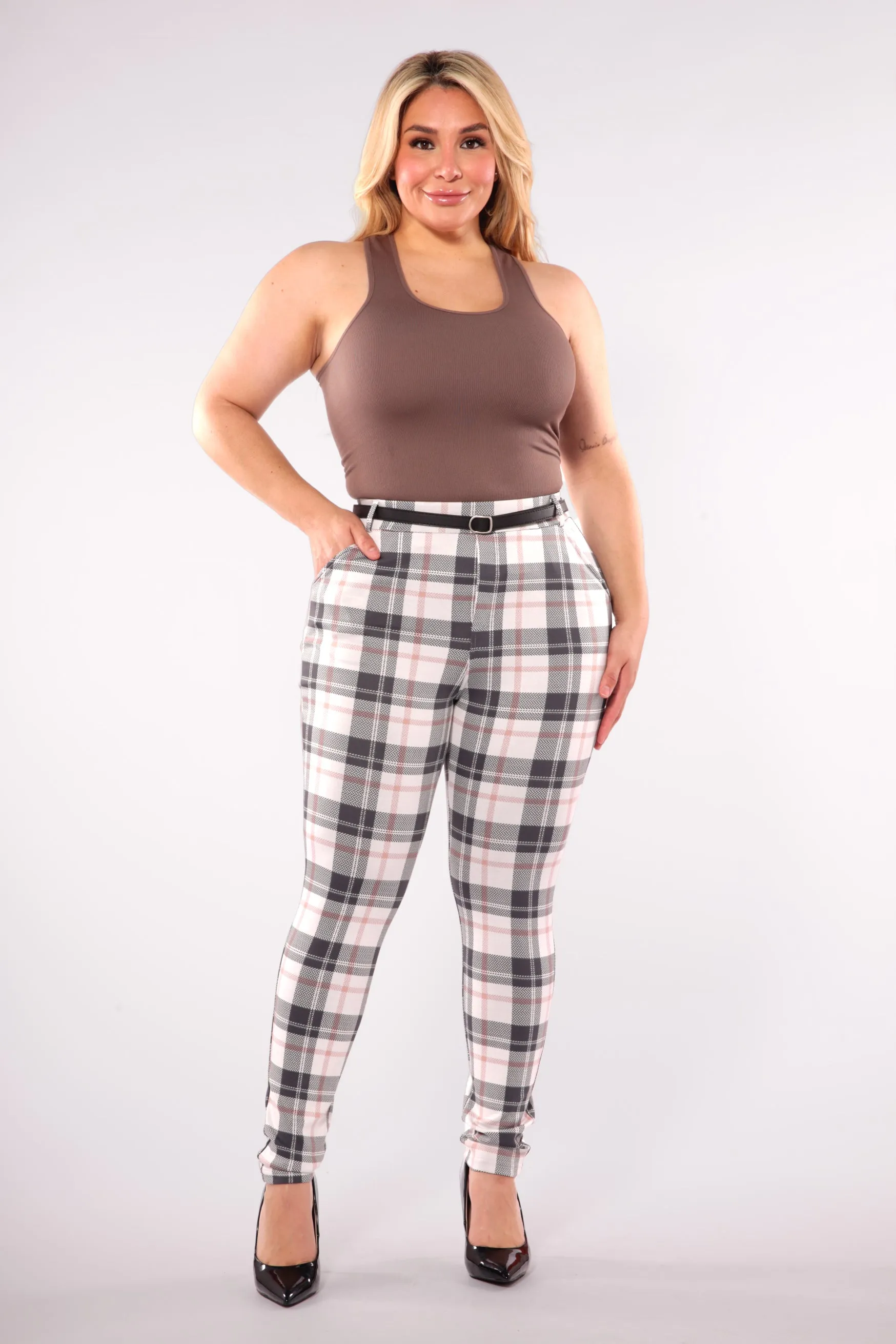 Plus Size Sculpting Treggings With Faux Leather Belt - Sage & White Plaid