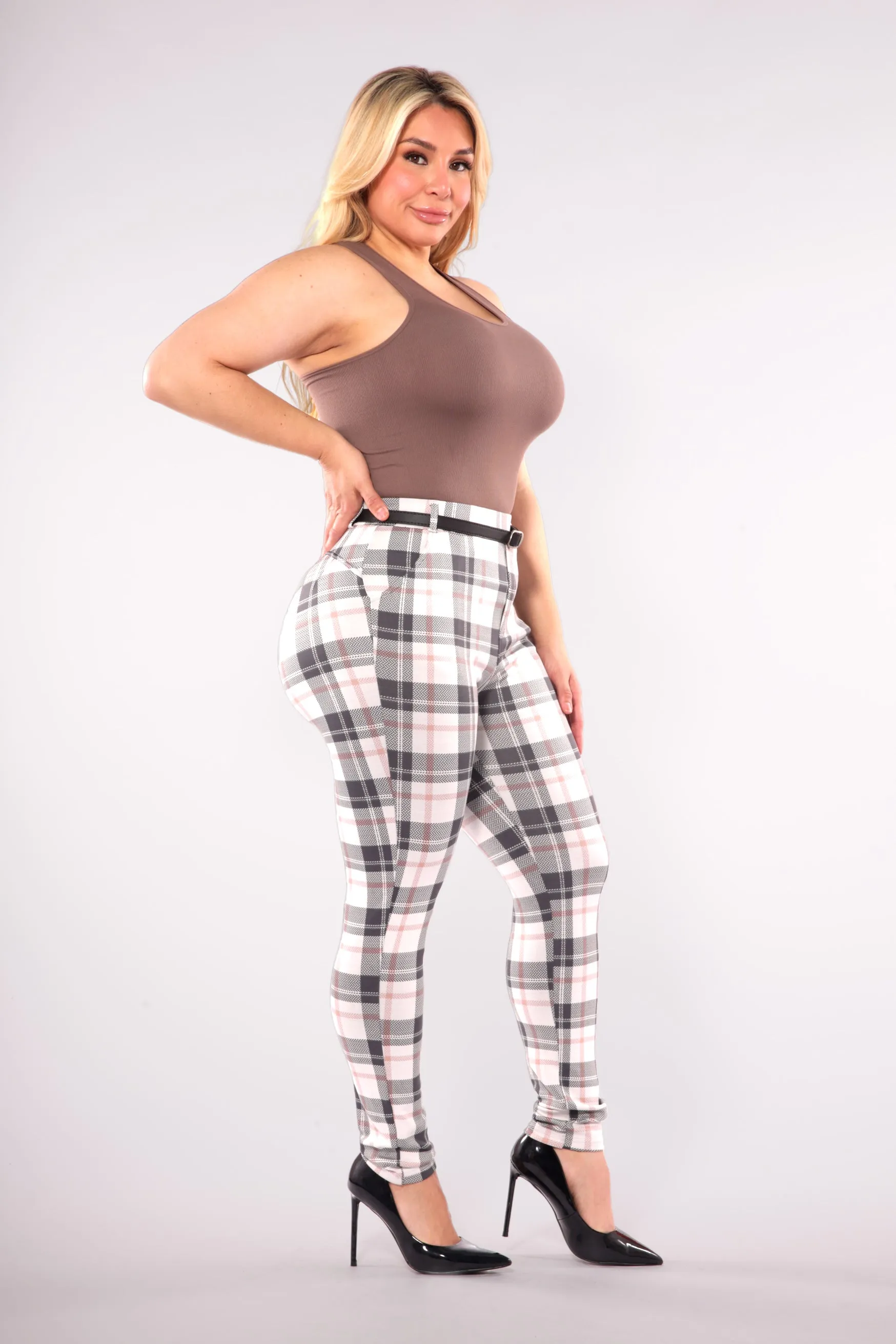 Plus Size Sculpting Treggings With Faux Leather Belt - Sage & White Plaid