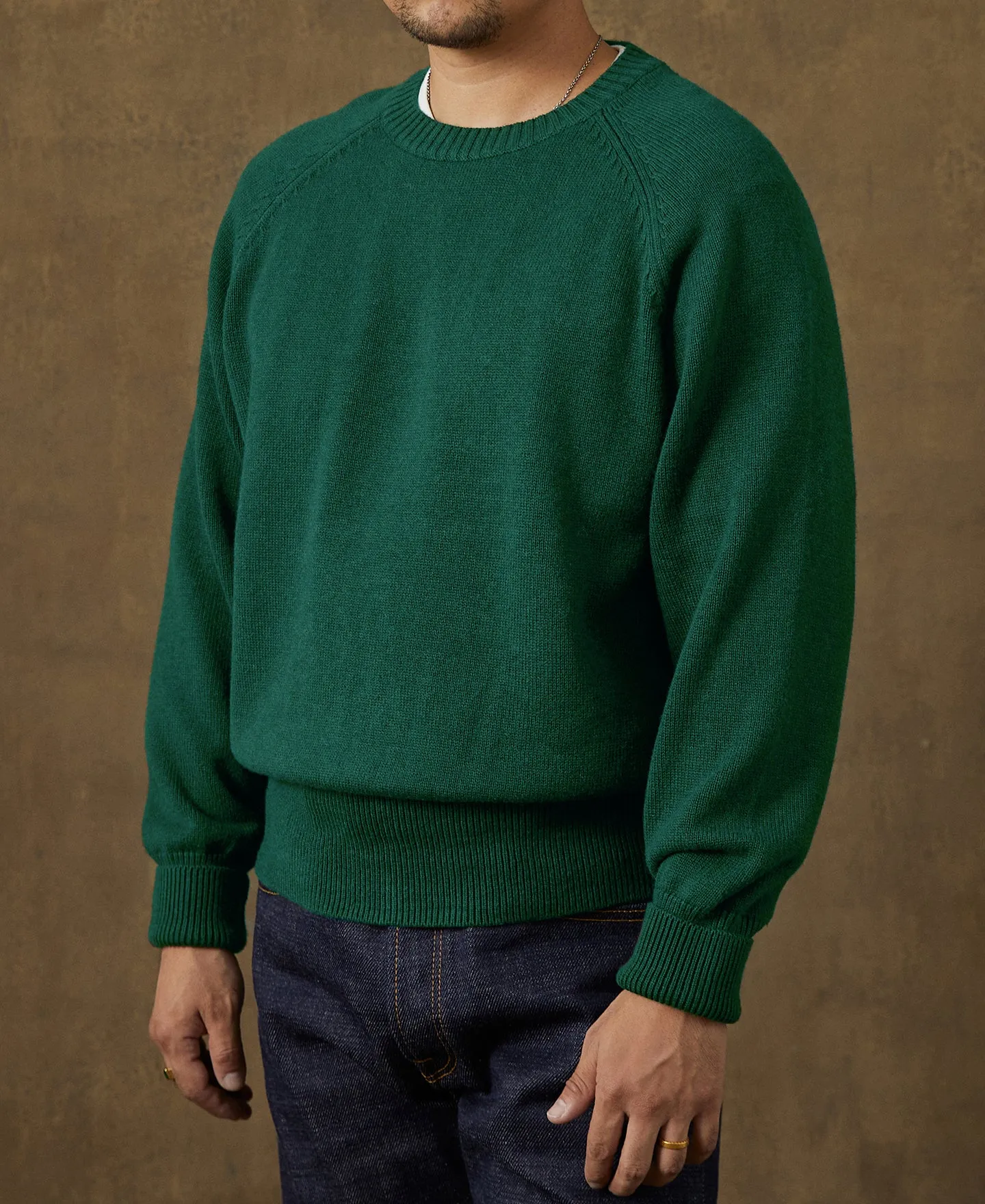 Pullover Crew Neck Cotton&Wool Knit Sweater - Emerald Green