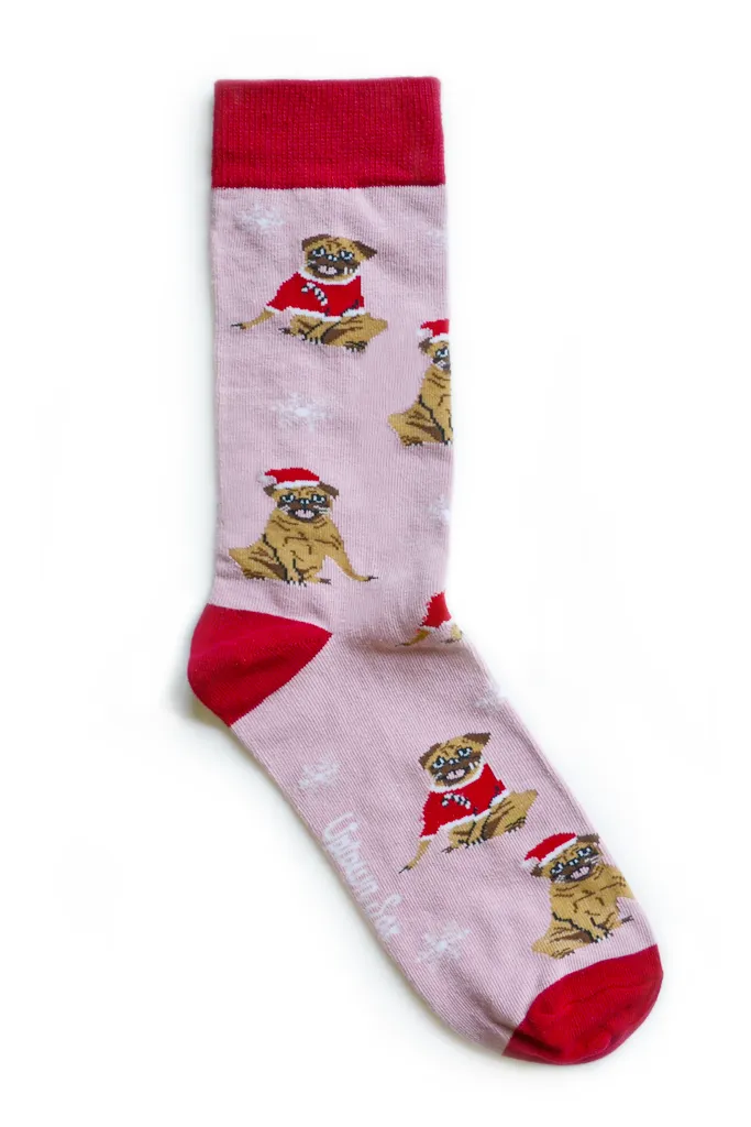 "Merry Pug Mas" Cotton Crew Socks by Uptown Sox - Medium