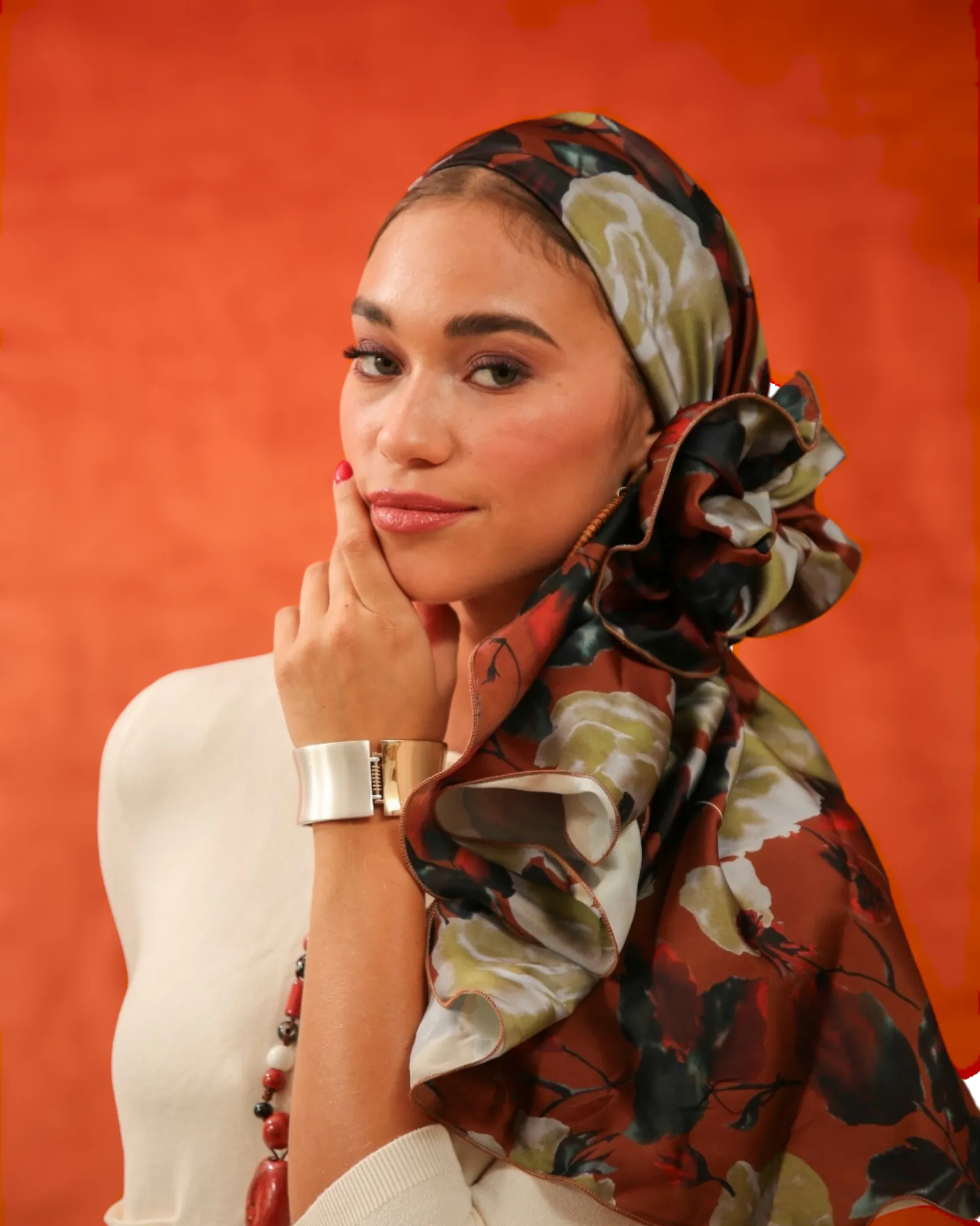 Rinati Brown Printed Long Scarf with Scrunchie