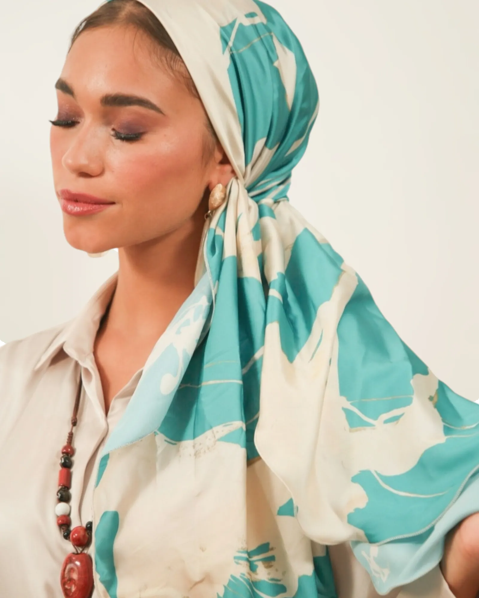 Rinati Lakel Teal Printed Long Scarf with Scrunchie