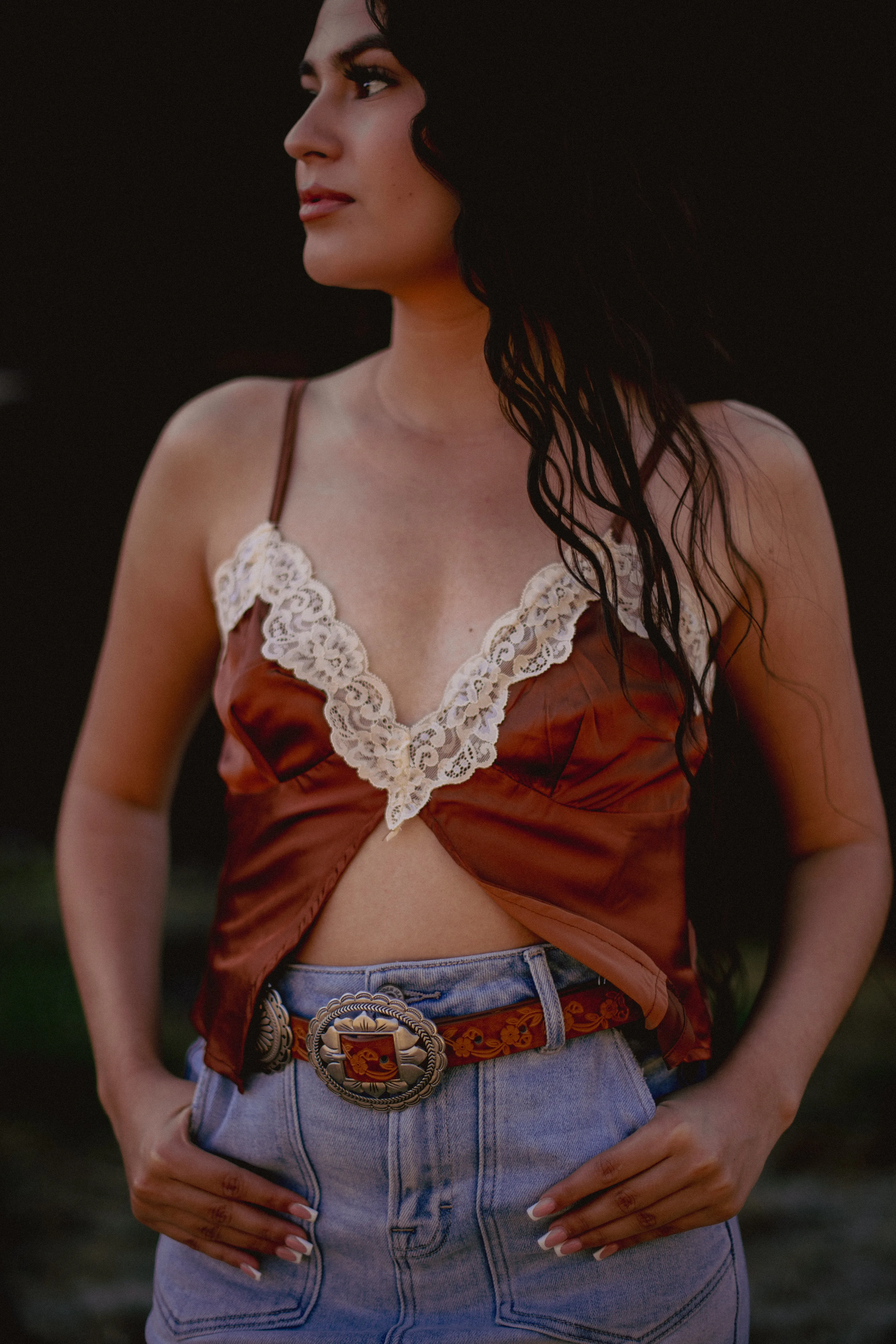 Sweet Nothings Lace Trim Silk Crop Top - Rust