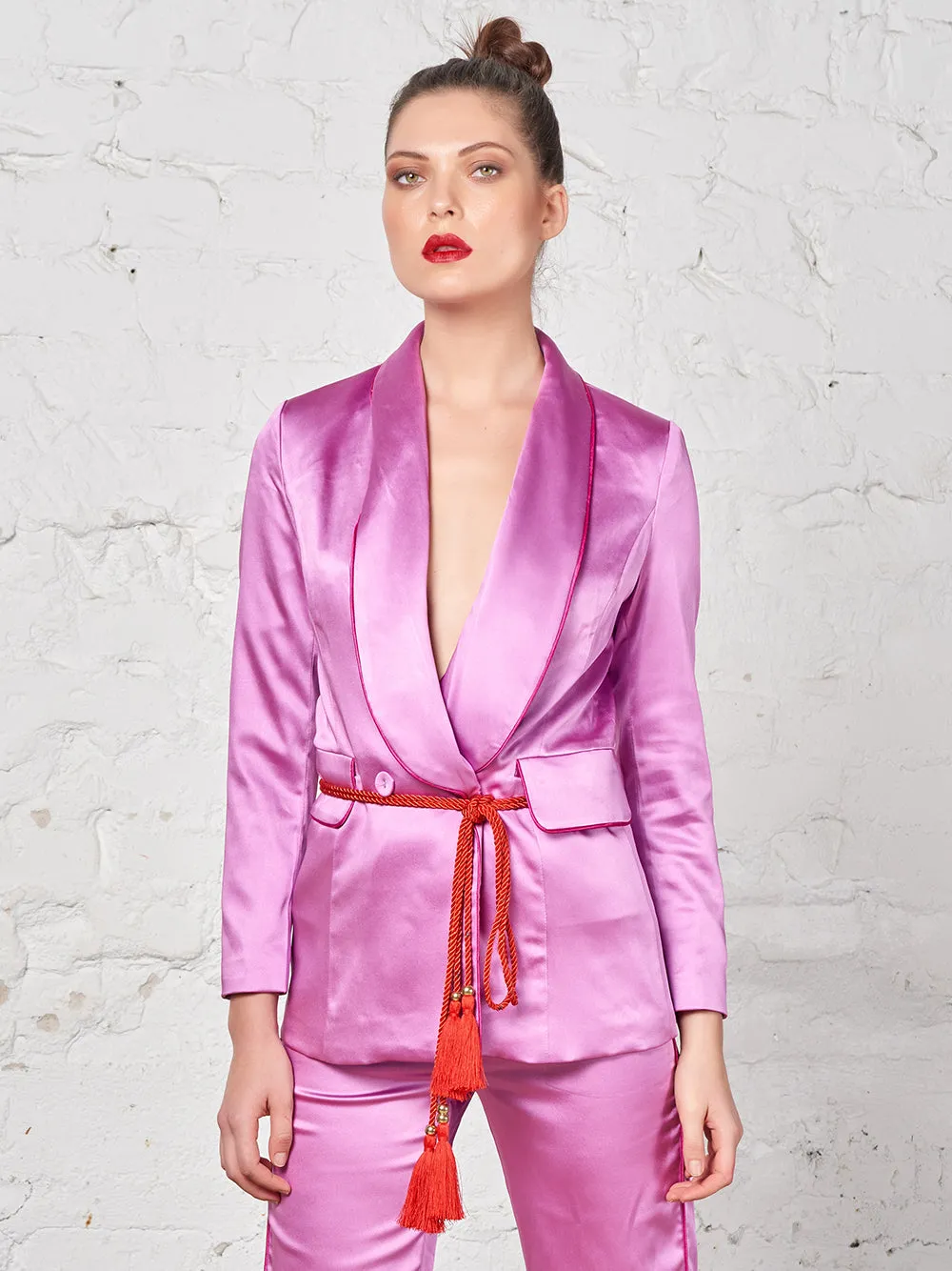 Tasseled Satin Blazer   Pants (Two-Piece Set) in Pink