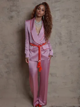 Tasseled Satin Blazer   Pants (Two-Piece Set) in Pink