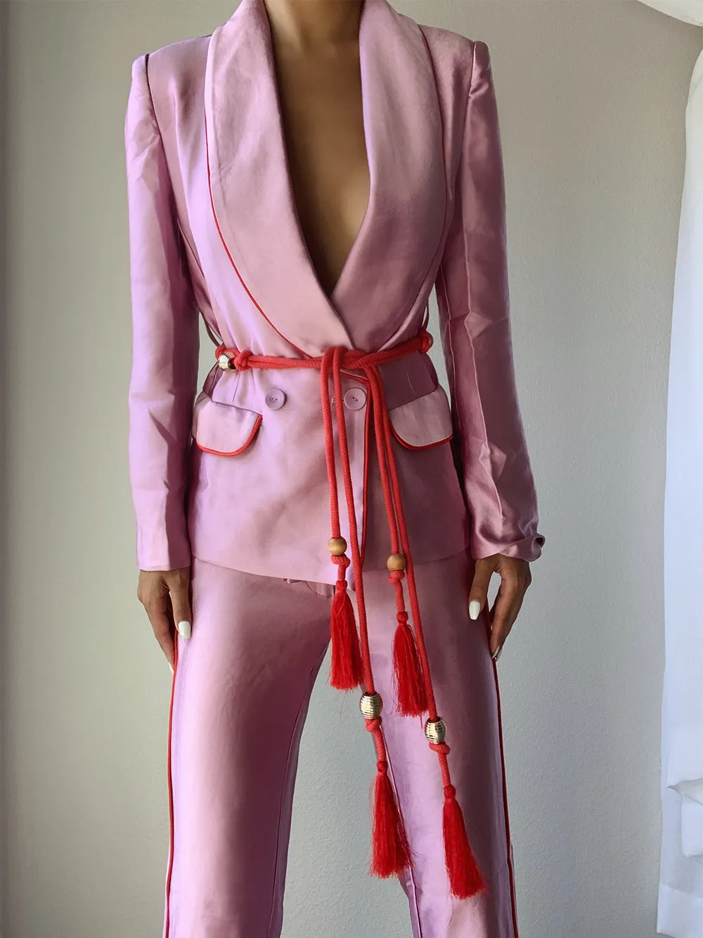 Tasseled Satin Blazer   Pants (Two-Piece Set) in Pink