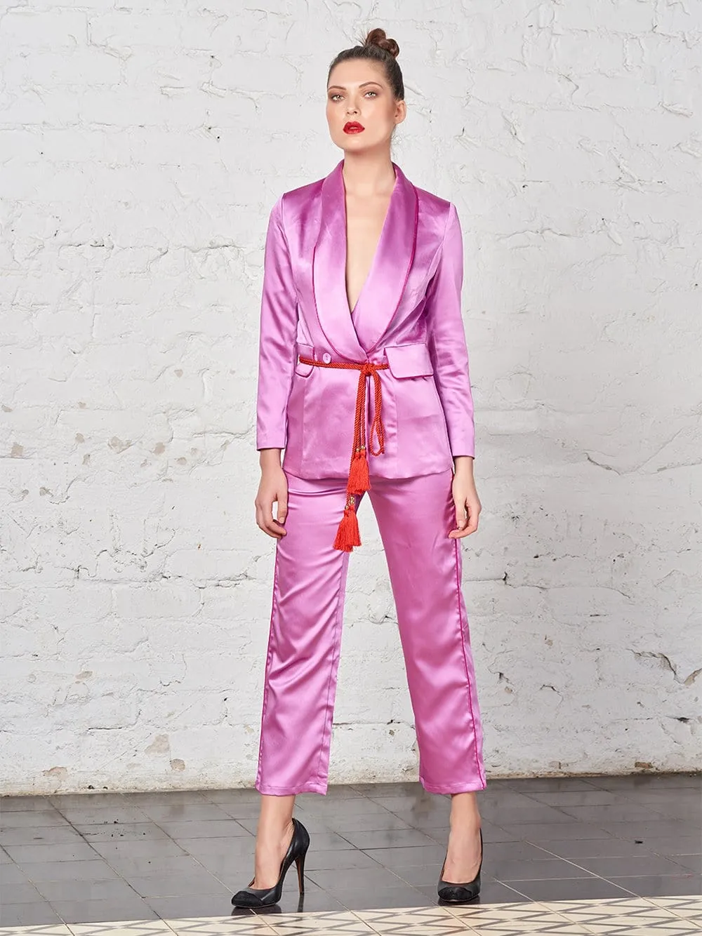 Tasseled Satin Blazer   Pants (Two-Piece Set) in Pink