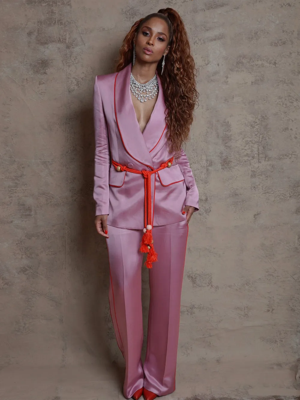 Tasseled Satin Blazer   Pants (Two-Piece Set) in Pink