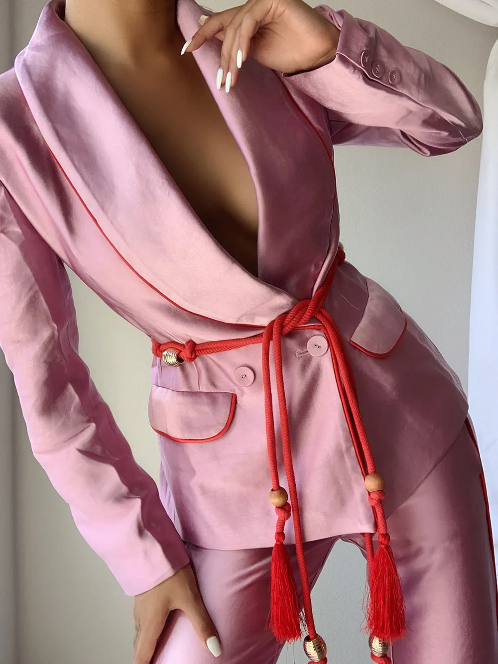 Tasseled Satin Blazer   Pants (Two-Piece Set) in Pink