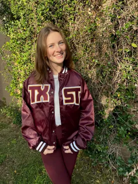 Texas State Maroon Satin Jacket with TXST and Bobcat Stitched