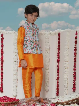 Vastramay Boy's Aqua Floral Printed Nehru Jacket With Orange Kurta And Pyjama Set