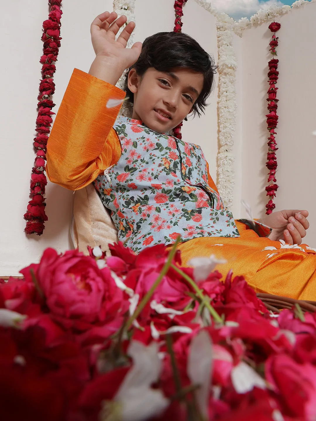 Vastramay Boy's Aqua Floral Printed Nehru Jacket With Orange Kurta And Pyjama Set