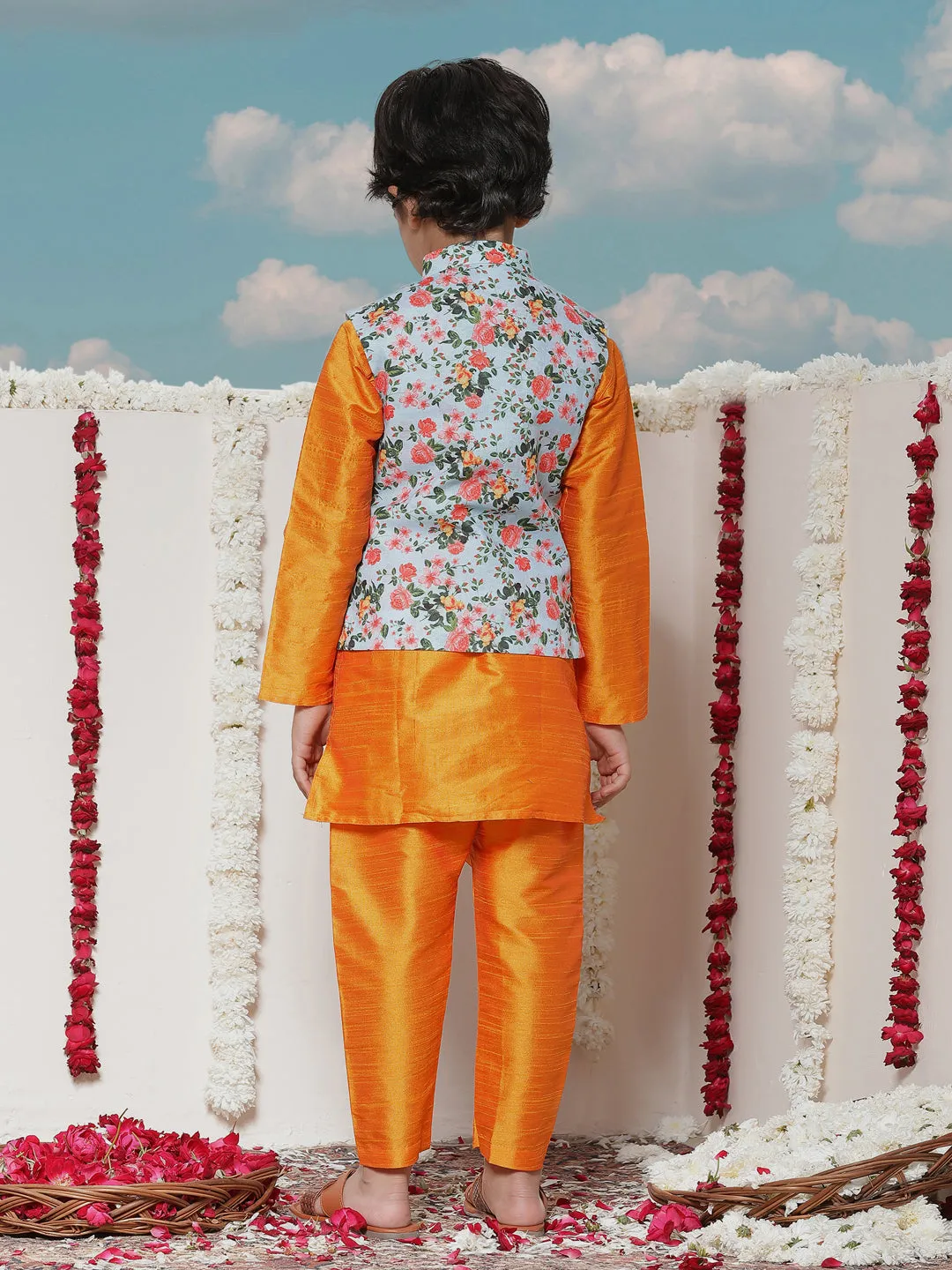 Vastramay Boy's Aqua Floral Printed Nehru Jacket With Orange Kurta And Pyjama Set