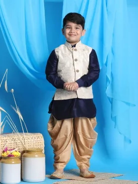 Vastramay Boy's Beige Embroidered Nehru Jacket With Navy Blue Kurta And Rose Gold Dhoti Set