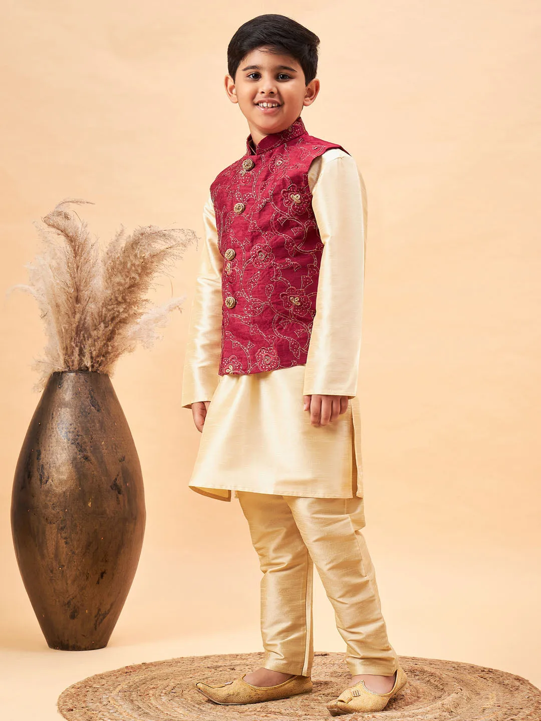 VASTRAMAY Boy's Maroon Nehru Jacket With Gold Kurta And Pyjama Set