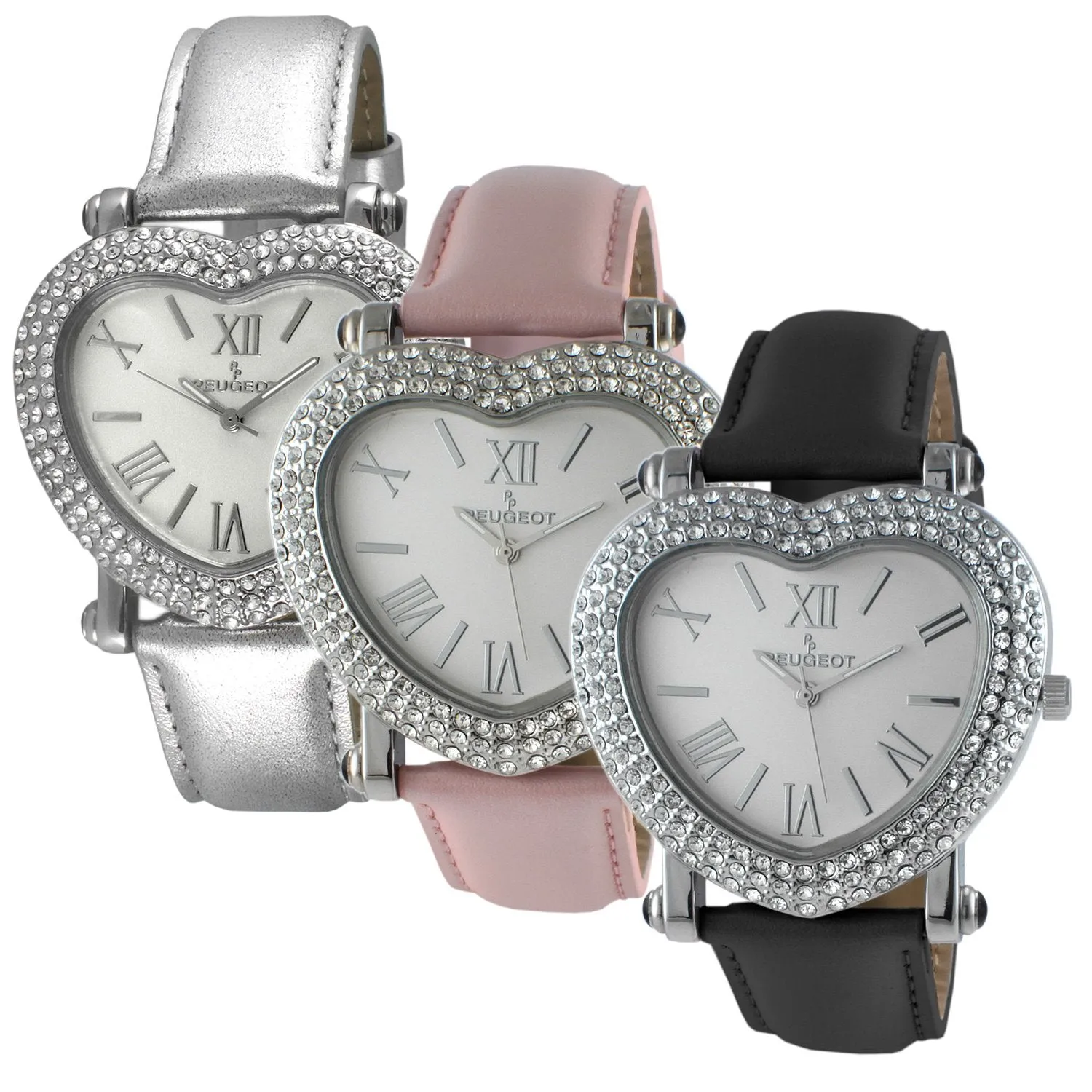 Women's 38mm Pink Crystal Heart Watch with Leather Strap